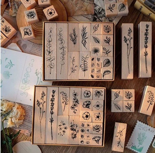 Botanical wooden stamp - botanical, set